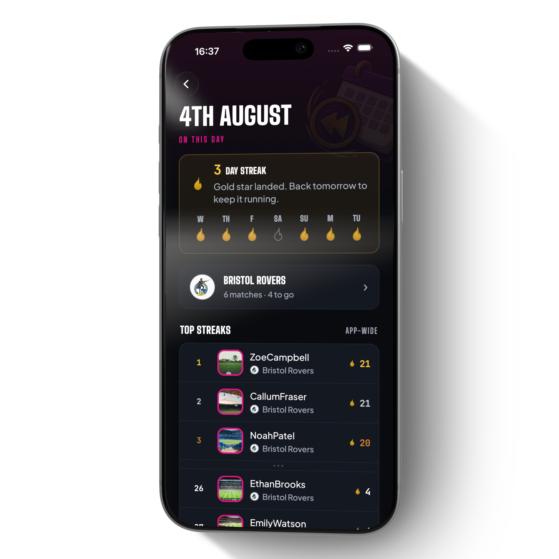 On This Day on iPhone, with streak flames and today's historic match